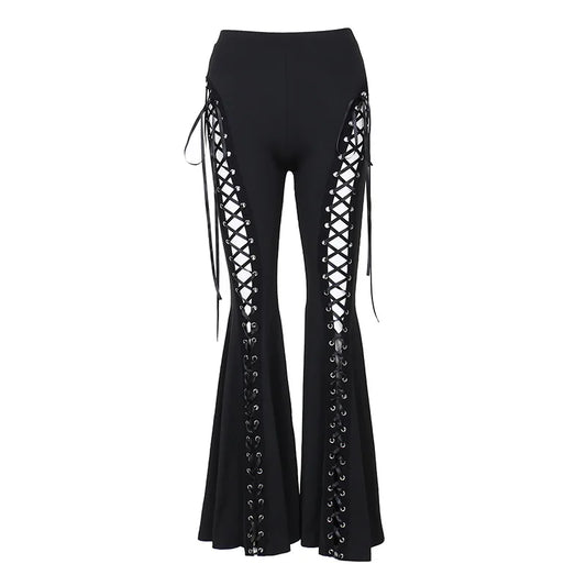 Dark Black Punk Flared Pants Long Trouser Women Lace Up Front Hollow Cut Out Bell Bottom Tied Up High Waist
