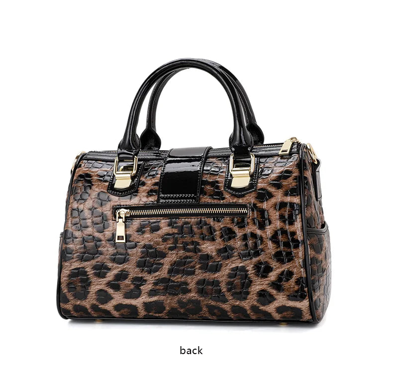 Leopard Handbag Leather Women's Bag Large Capacity Boston Bag Fashion Versatile Cowhide One Shoulder Crossbody Bag