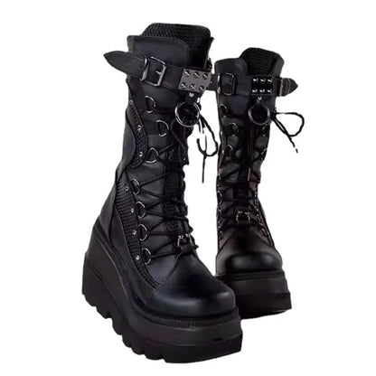 Brand New Ladies Goth Platform Boots Rivet Buckle Punk Wedges High Heels women's Boots Cosplay