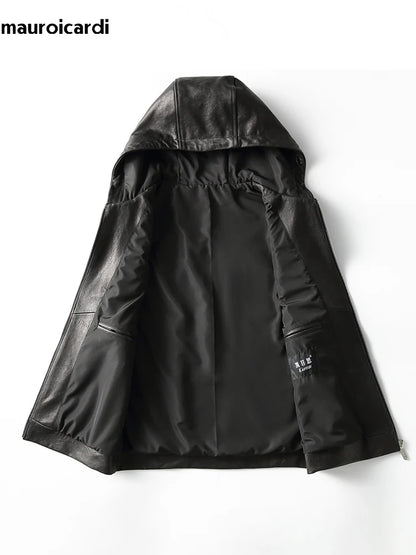 Mauroicardi Spring Autumn Luxury Elegant Cool Black Pu Leather Vest for Men with Hood Zipper Sleeveless Jacket Men Clothing 2023