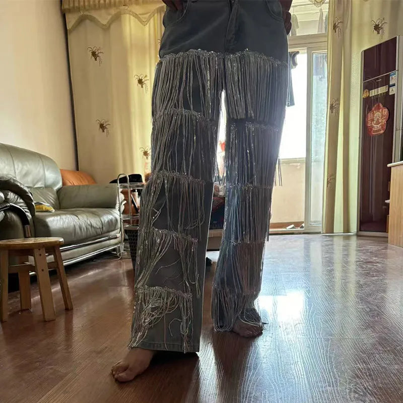 Sparkling Fringes Embellished Wide Leg Jeans Women Trendy Silver Tassel Denim Pants