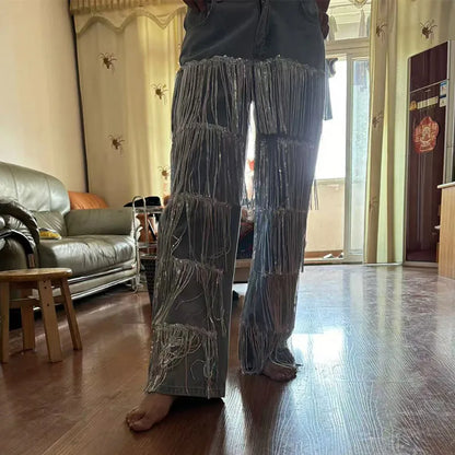 Sparkling Fringes Embellished Wide Leg Jeans Women Trendy Silver Tassel Denim Pants