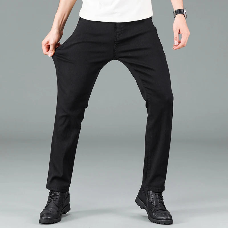 Men's pure black jeans straight fit comfortable and elastic