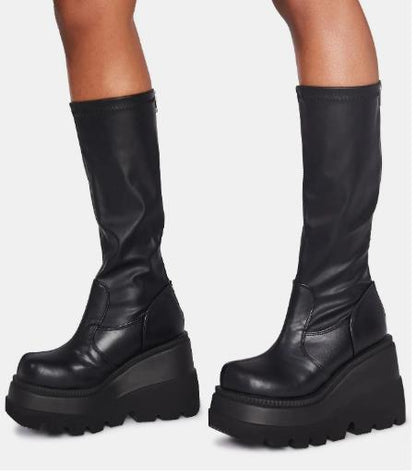 Wedge-heeled Mid-tube Boots Ladies Gothic Style Thick-soled Motorcycle Boots