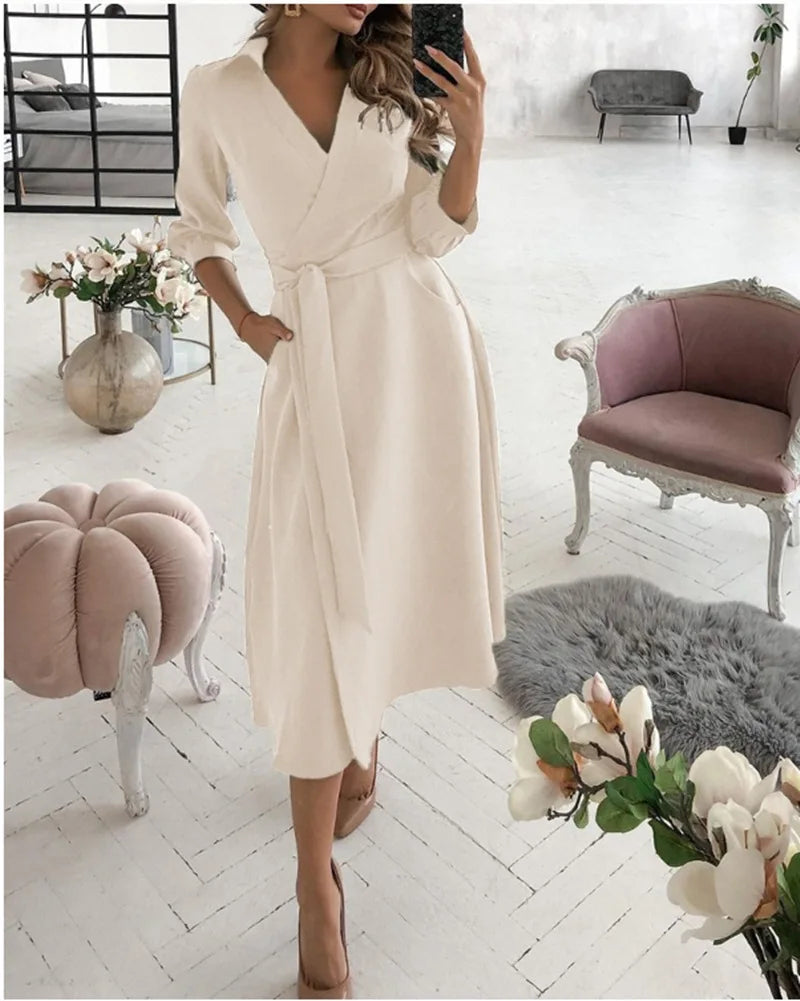 A-Line Wrap Summer Dress Long Sleeve V-Neck Dress Pocket Elegant Midi Party Dress