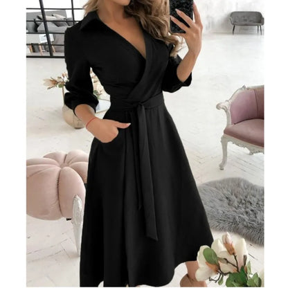 A-Line Wrap Summer Dress Long Sleeve V-Neck Dress Pocket Elegant Midi Party Dress