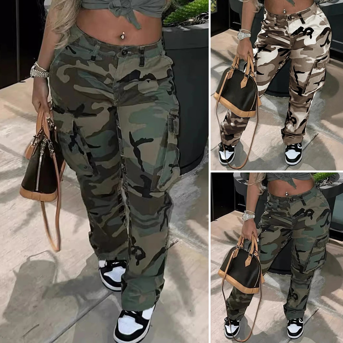 Cargo Pants Fashion Women Camo Print Oversized Pocket High Waist Baggy Pant Casual Hip Hop Straight Trouser