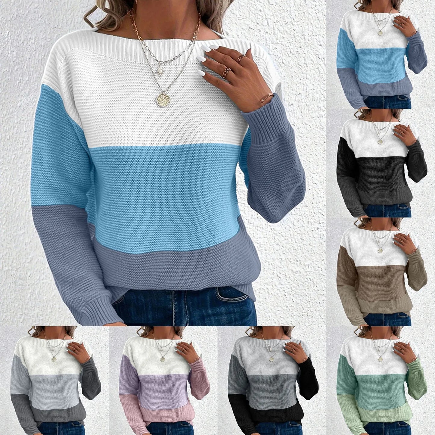 Dressy Sweater For Women Patchwork Color Block Long Sleeve Bateau Neck Elegant Pullover