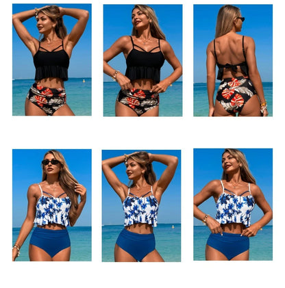 Women's Bikini Set High Waist Tankini Hollow Out Ruffle 2 Piece Swimsuit with Chest Cushion