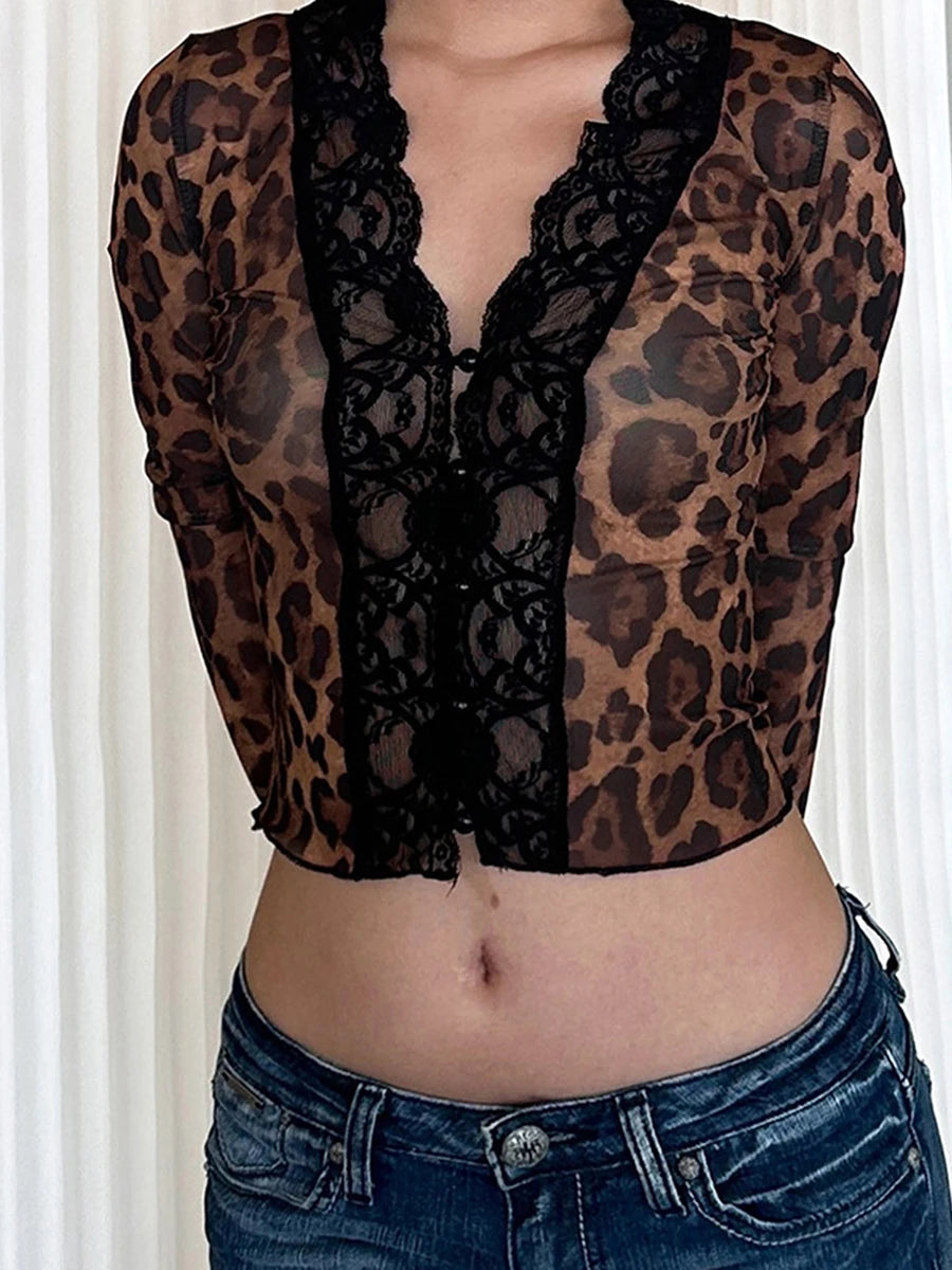 Women's Leopard Print Lace Patchwork V-Neck Button Down Long Sleeve Blouse