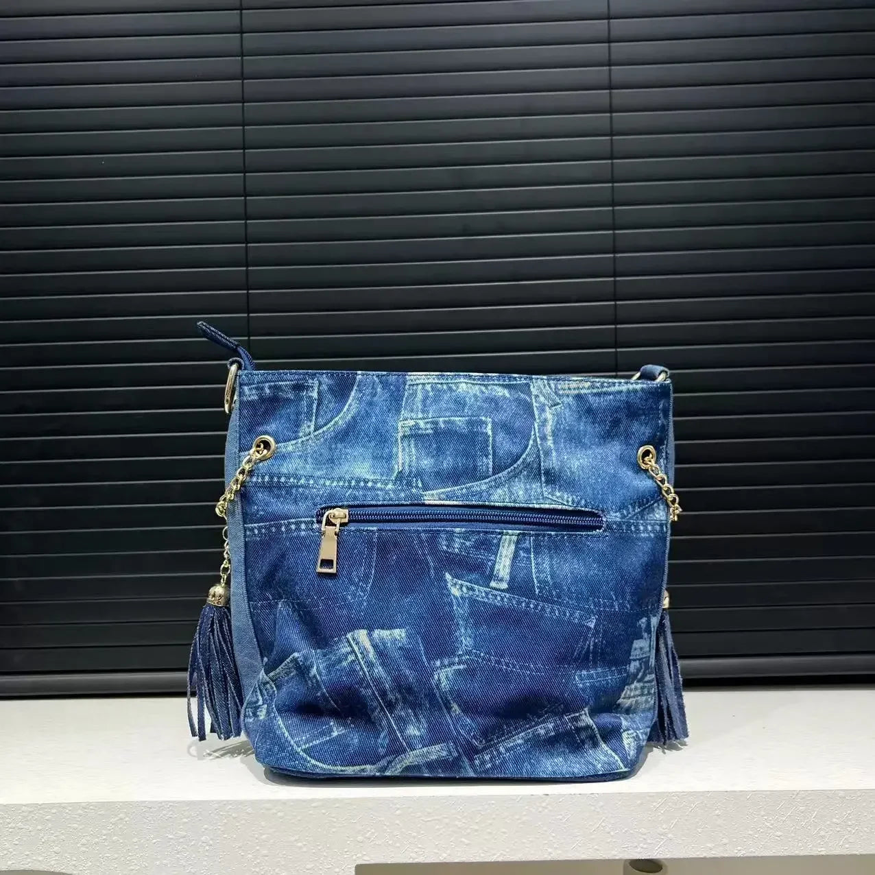 Gradient Diamond Elegant Shoulder Bag Large Capacity Diamond Denim Handbag