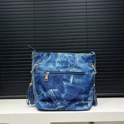 Gradient Diamond Elegant Shoulder Bag Large Capacity Diamond Denim Handbag