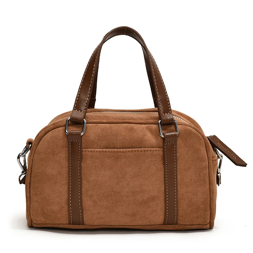Women Suede Shoulder Bag Adjustable Strap Boston Bag with Interior Pocket Top Handle Bag Zipper Handbag for Work Travel
