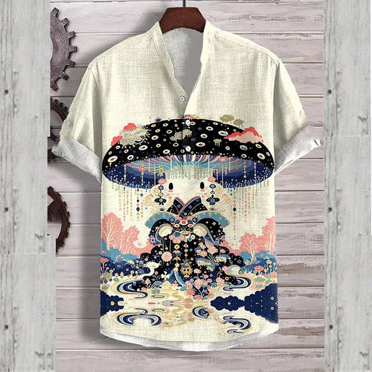 3D digital heat transfer animal landscape 3-button large size stand-up collar short-sleeved shirt