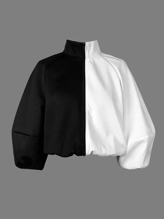 Female Stylish Stand Collar Zipper Jackets Loose Puff Sleeves Contrast Color Casual Fashion Outerwears 2025 New