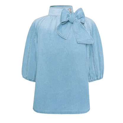 Women Denim Top Turtleneck Splice Puff Sleeve Shirts Loose Solid Pullovers Casual