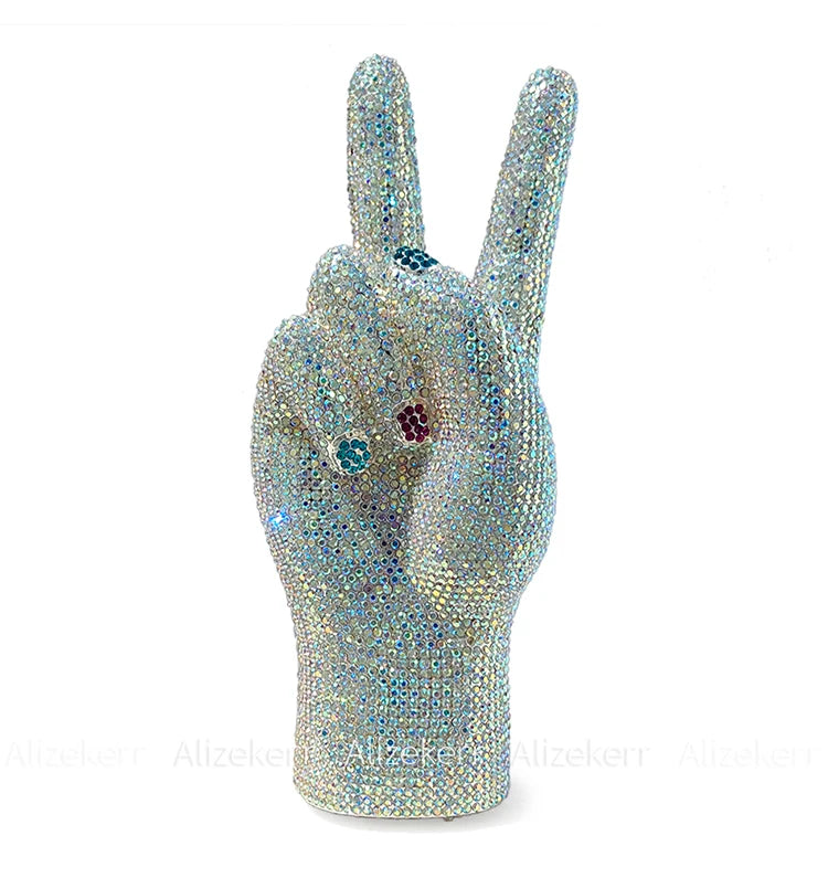 Victory Hand Shaped Diamond Evening Luxury Designer Unique Stylish Rhinestone Purse