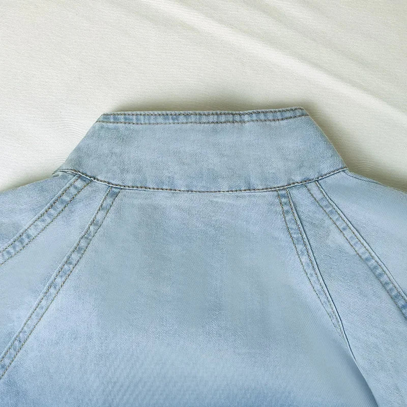 Women Denim Top Turtleneck Splice Puff Sleeve Shirts Loose Solid Pullovers Casual