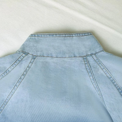 Women Denim Top Turtleneck Splice Puff Sleeve Shirts Loose Solid Pullovers Casual