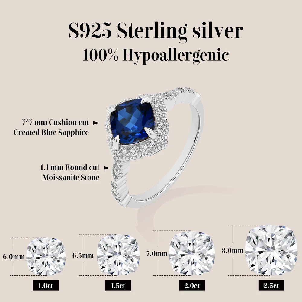 ATTAGEMS Classical Blue Sapphire Ring Cushion Cut 2.0ct DVVS1 Real 925 Sterling Silver For Women Engagement Wedding Fine Jewelry