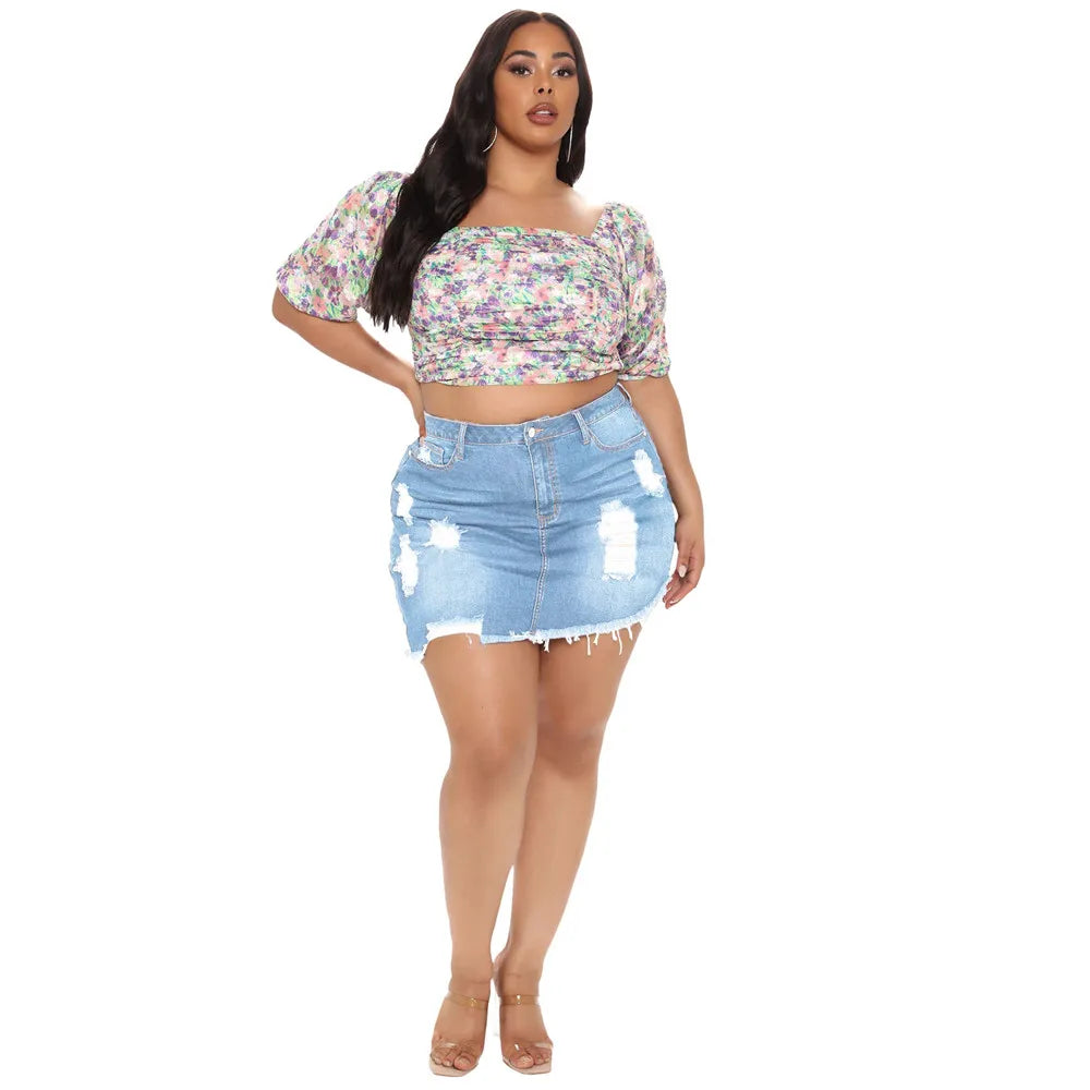 Plus Size Skirts Jeans Women Medium Stretch Above Knee Denim Mini Wrap Skirt