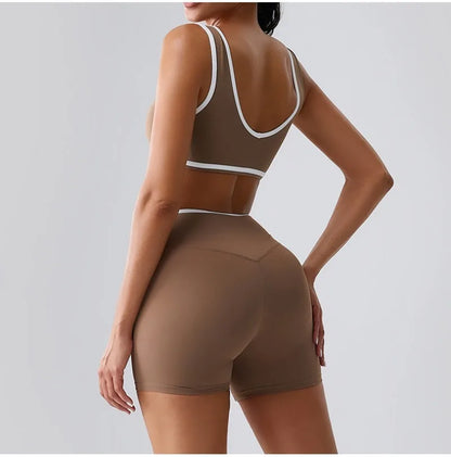Seamless Yoga Sets Sports Fitness cross waist  Waist Hip-lifting Shorts Bra Suit
