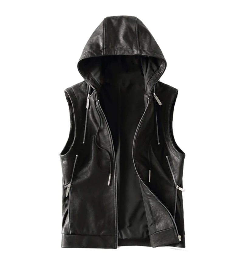 Mauroicardi Spring Autumn Luxury Elegant Cool Black Pu Leather Vest for Men with Hood Zipper Sleeveless Jacket Men Clothing 2023