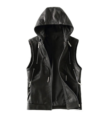 Mauroicardi Spring Autumn Luxury Elegant Cool Black Pu Leather Vest for Men with Hood Zipper Sleeveless Jacket Men Clothing 2023