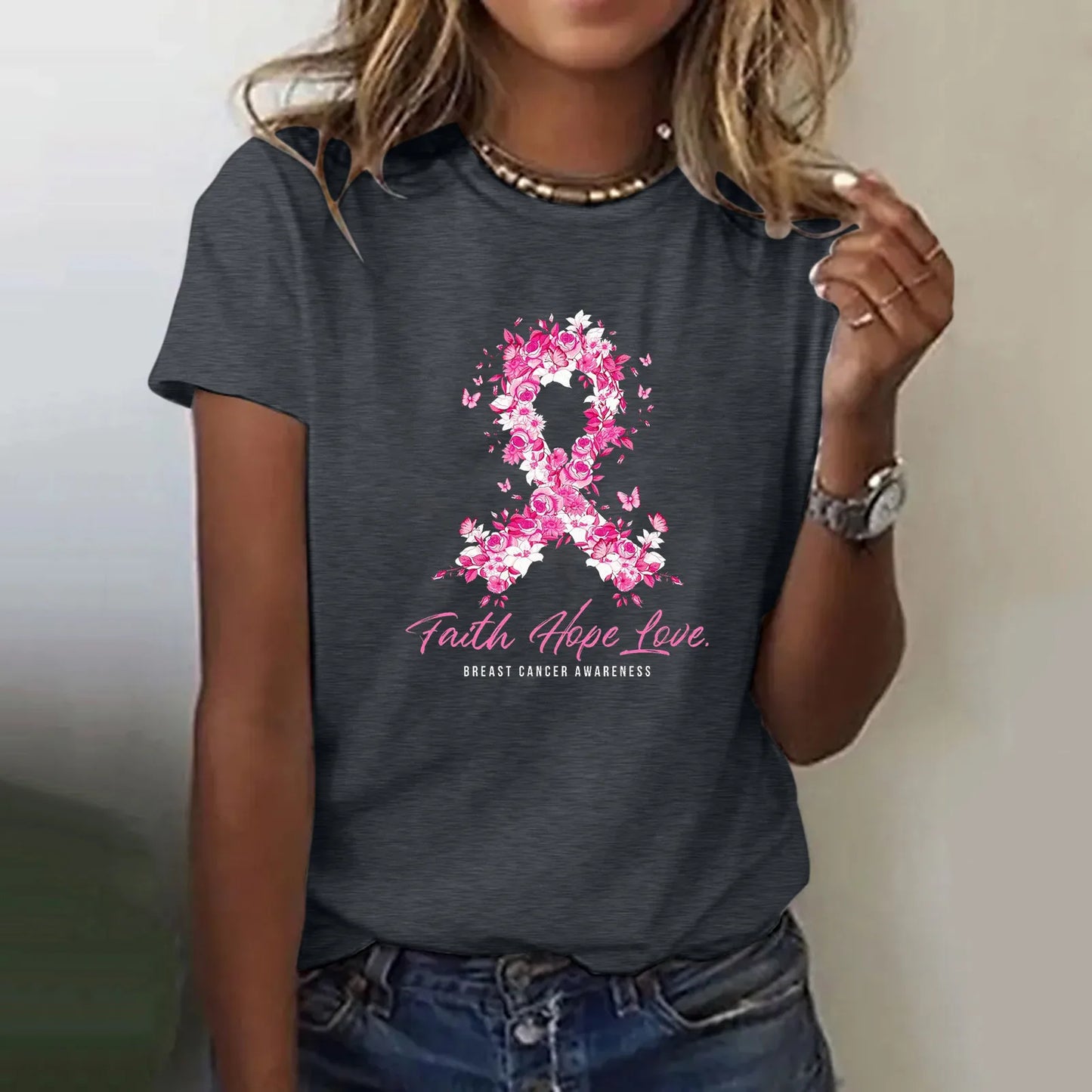 Ribbon Petal Print Pink October T-shirt Breast Cancer Awareness Graphic Short Sleeve