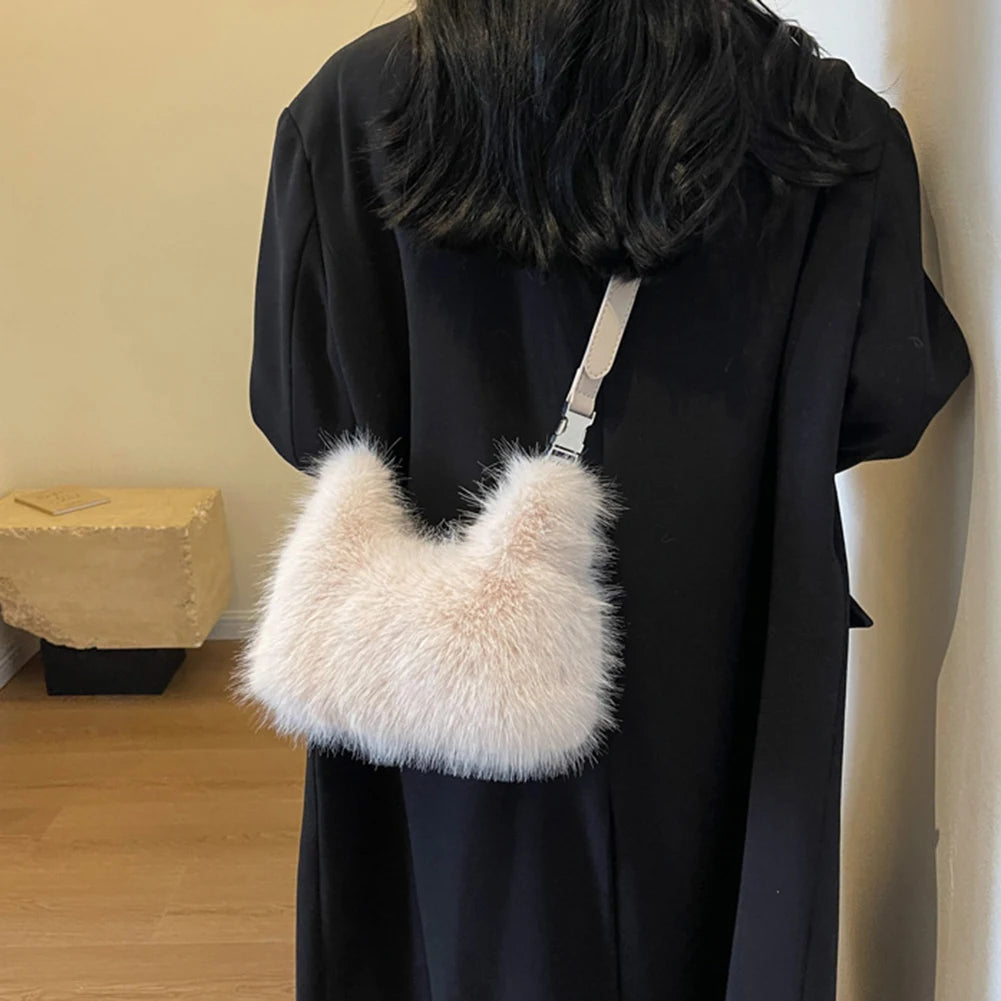 Women Faux Fur Shoulder Bag Adjustable Strap Fluffy Crossbody Bag Solid Color Clutch Purse Hobo Bag for Travel Party