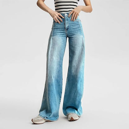 Women's Large Hole Patchwork Jeans High Waist Wide Legs Casual Bottoms Denim