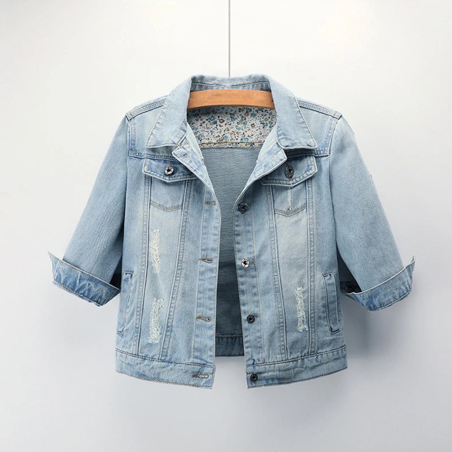 Women Cropped Coats 3/4 Sleeve Retro Short Denim Jackets Light Blue Jeans Coat
