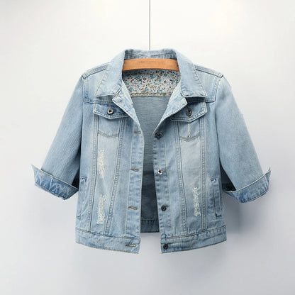 Women Cropped Coats 3/4 Sleeve Retro Short Denim Jackets Light Blue Jeans Coat