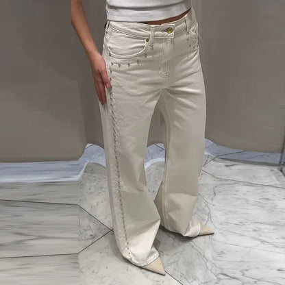 Metal Rivet Wide Leg Jeans Trousers Baggy Low Rise Pockets Denim