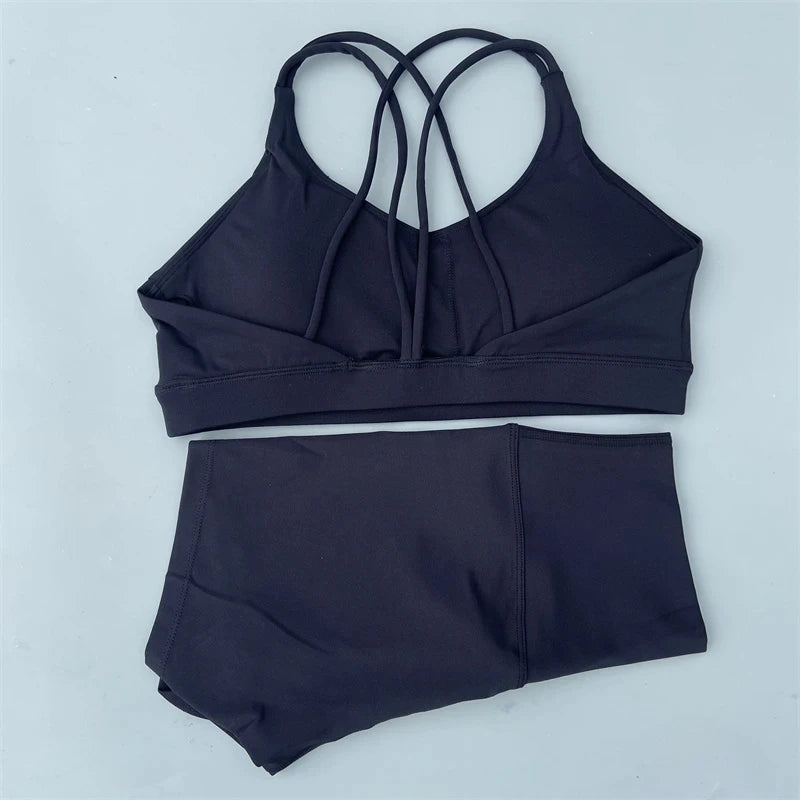 Solid Color Gym Bike Yoga Set Short Legging +Cross Sport Bra Tracksuit Athletic Women Gym Suit Comprehensive Training Jogging