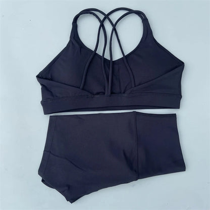 Solid Color Gym Bike Yoga Set Short Legging +Cross Sport Bra Tracksuit Athletic Women Gym Suit Comprehensive Training Jogging