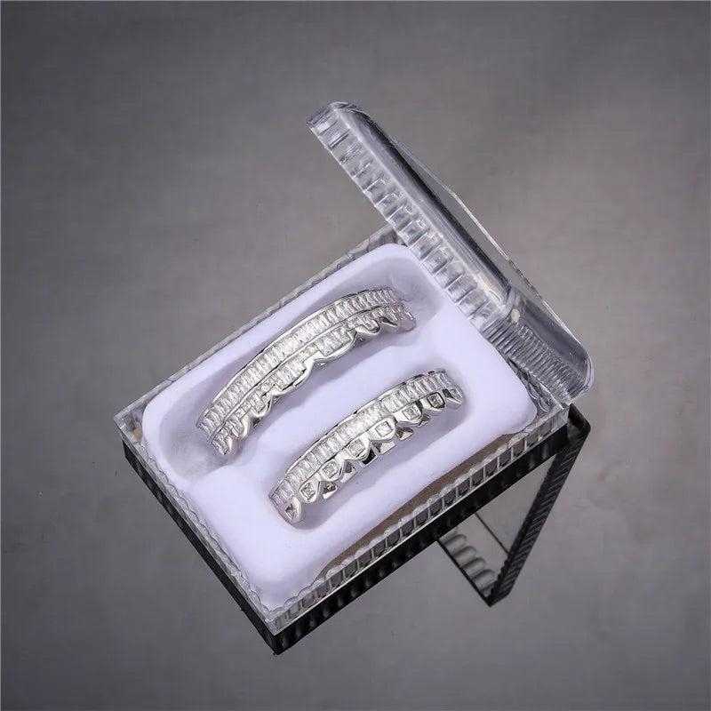 Baguette Teeth Grillz Set For Unisex Top Bottom Iced Out Cubic Zircon Stone Brass Material Hip Hop