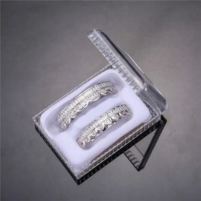 Baguette Teeth Grillz Set For Unisex Top Bottom Iced Out Cubic Zircon Stone Brass Material Hip Hop