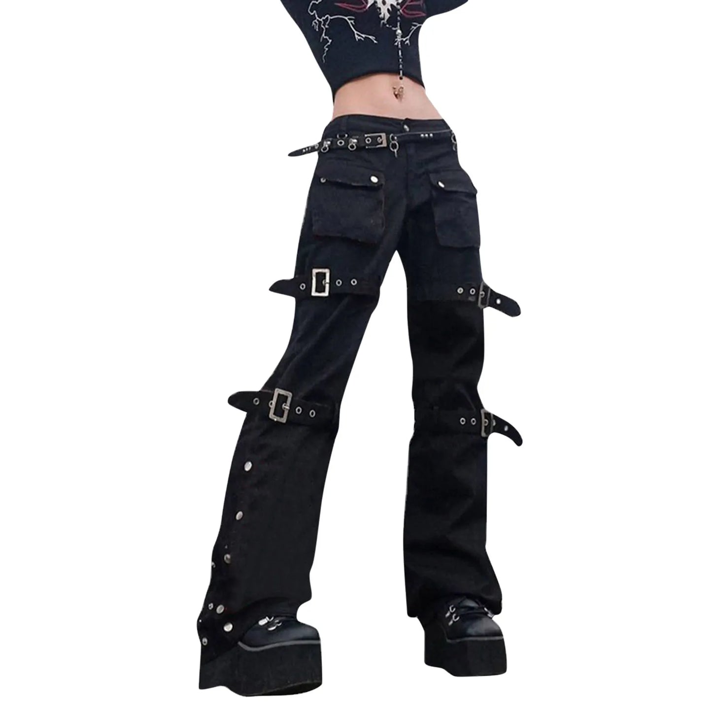 Hippie Cool Girls Straight Pants Punk Gothic Trendy Metal Buckle Side Split Black Trousers Y2k Streetwear Belted Low Waist Pants