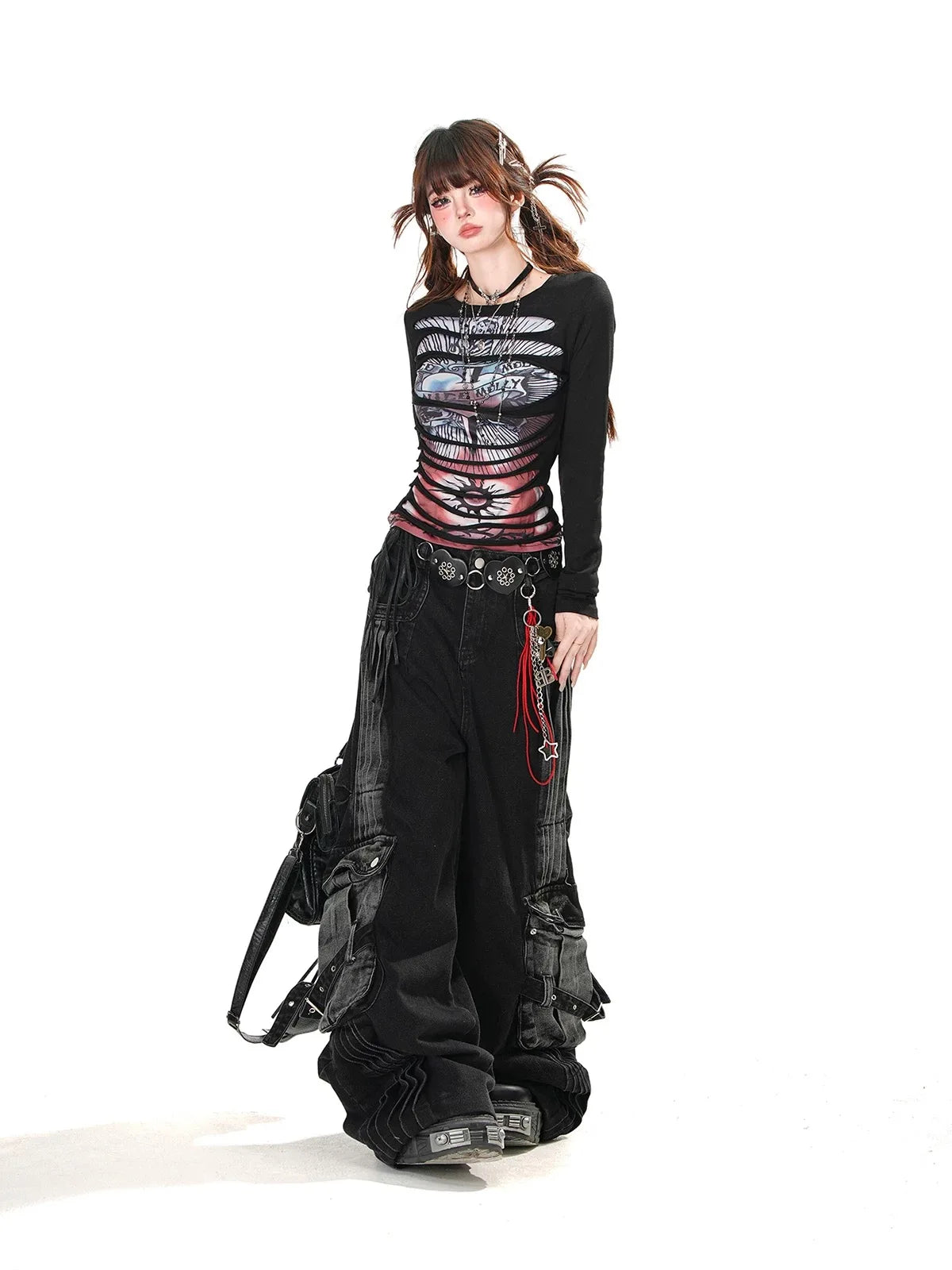 Women's Black Gothic Jeans Cargo Baggy Y2K Harajuku Fashion Streetwear 2000s Style Aesthetic Casual Retro Denim Pants Clothing