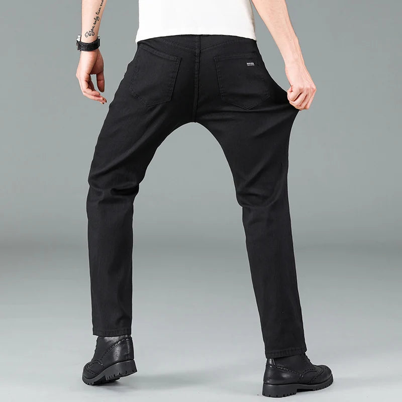 Men's pure black jeans straight fit comfortable and elastic