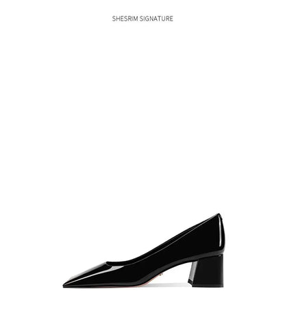 Ladies pumps chunky heels leather square head shallow mouth comfortable