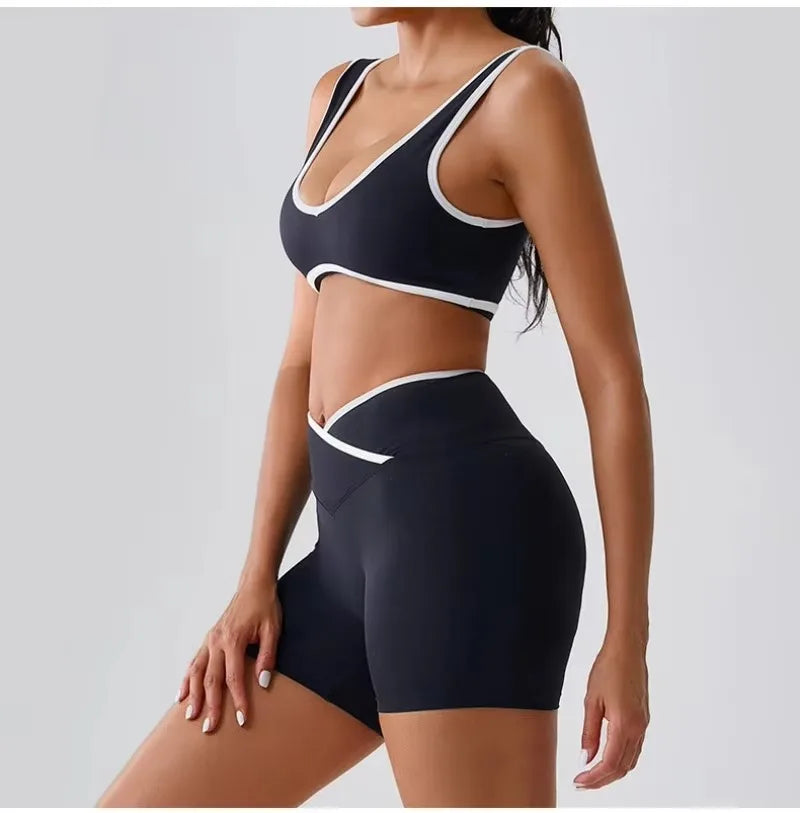 Seamless Yoga Sets Sports Fitness cross waist  Waist Hip-lifting Shorts Bra Suit