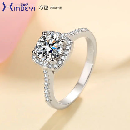 100% 18K Real Platinum PT950 Ring Women's 1 Carat Moissanite Square Package Four Claw Diamond Ring GRA Cartificate Fine Jewelry