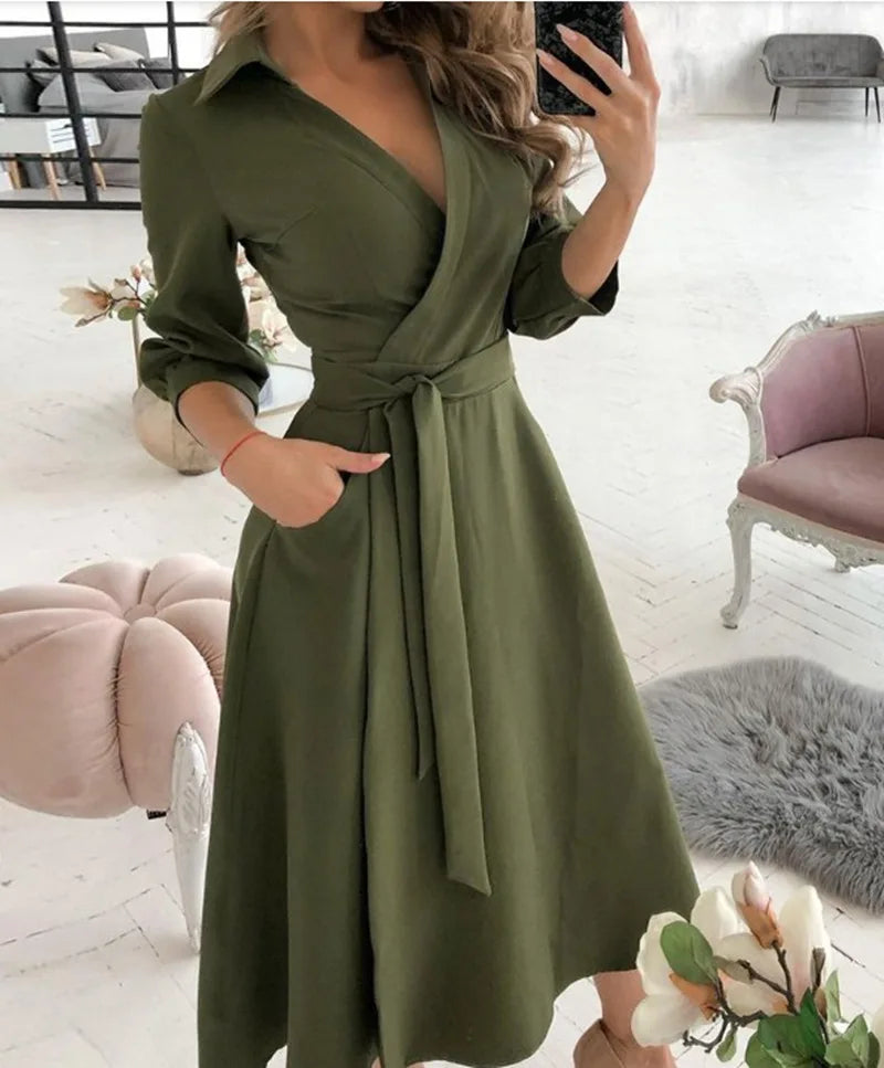 A-Line Wrap Summer Dress Long Sleeve V-Neck Dress Pocket Elegant Midi Party Dress