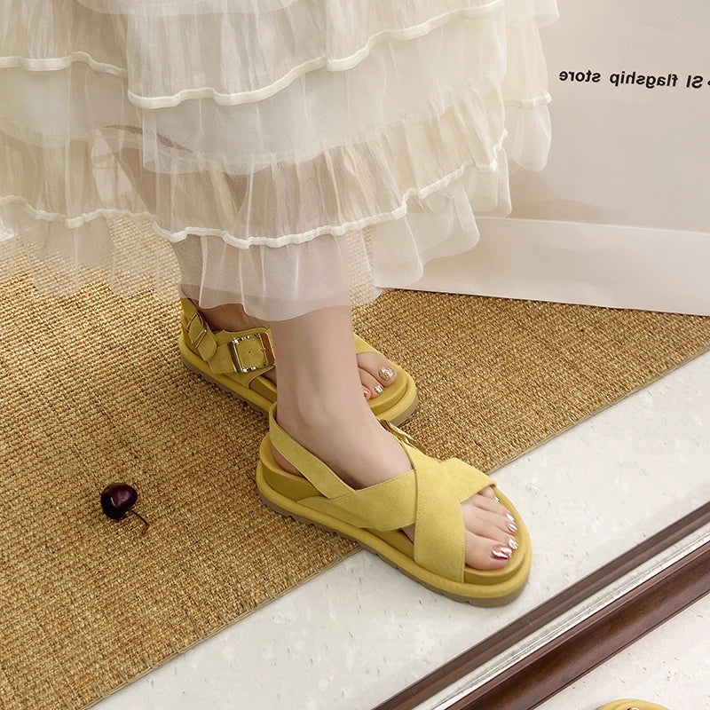 Genuine Leather Cross Strap Roman Sandals Casual Comfortable Women's Platform