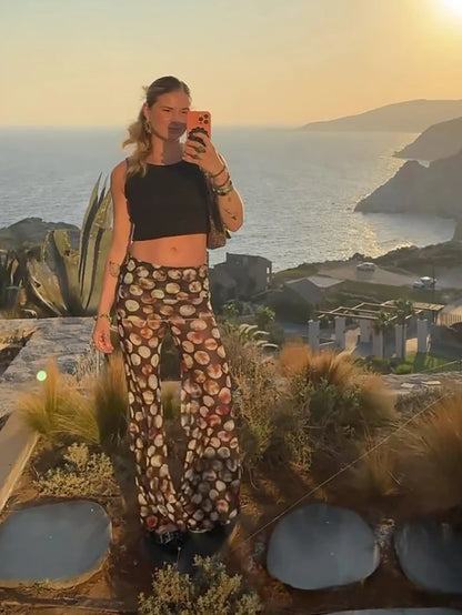 Mesh Leopard Print Trousers High Waist Print Wide Leg Pants Printed