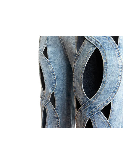 Vintage Cutout Hollow Out Criss Cross Straight Denim Pants High Waist Wide Leg Jeans Trousers