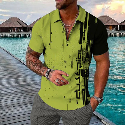 Men's 3D Flag Pattern Printed Short Sleeve POLO Shirt Zipper Men's T-Shirt