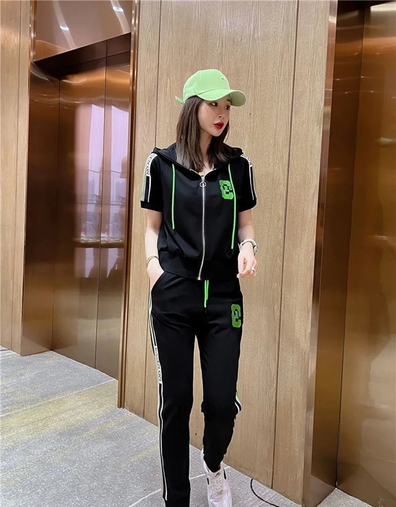 Women's Fashion Tracksuit Casual Suit Short Sleeve Hooded Top Pants Two Piece Set For Women